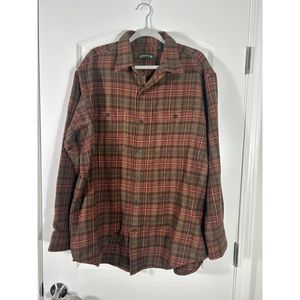 Orvis Men’s Heavyweight Flannel Shirt Plaid 100% Cotton Red Green Brown Sz L